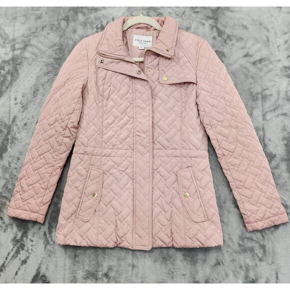 Cole Haan Quilted Jacket Coat Size S Pink Drawstring Waist Zip Snap Lined Warm - Picture 1 of 9